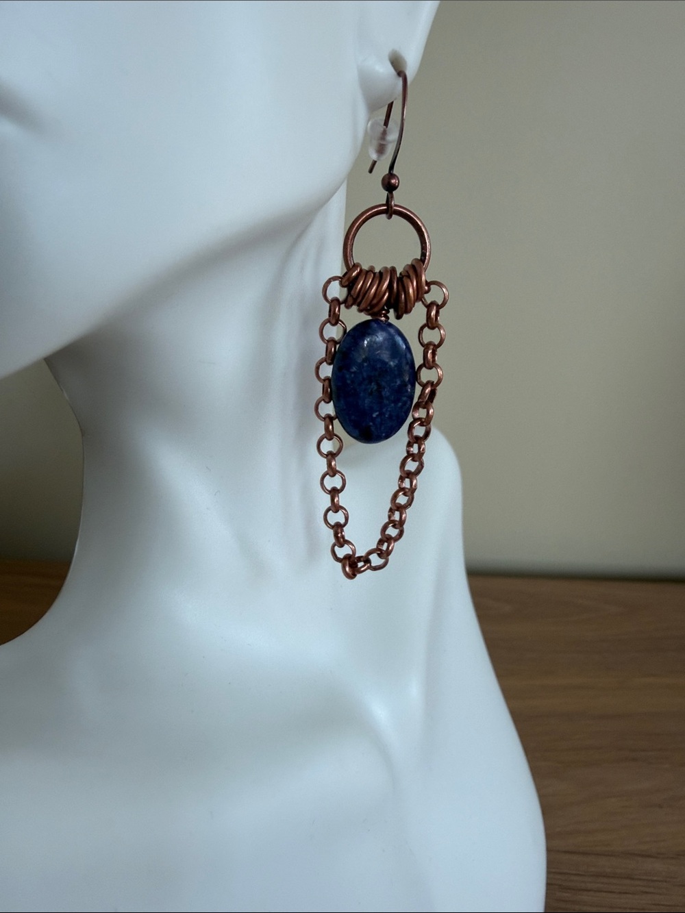 HAND CRAFTED LAPIS LAZULI & COPPER CHAIN DANGLE EARRINGS Boho Gemstone Jewelry - Picture 4 of 9